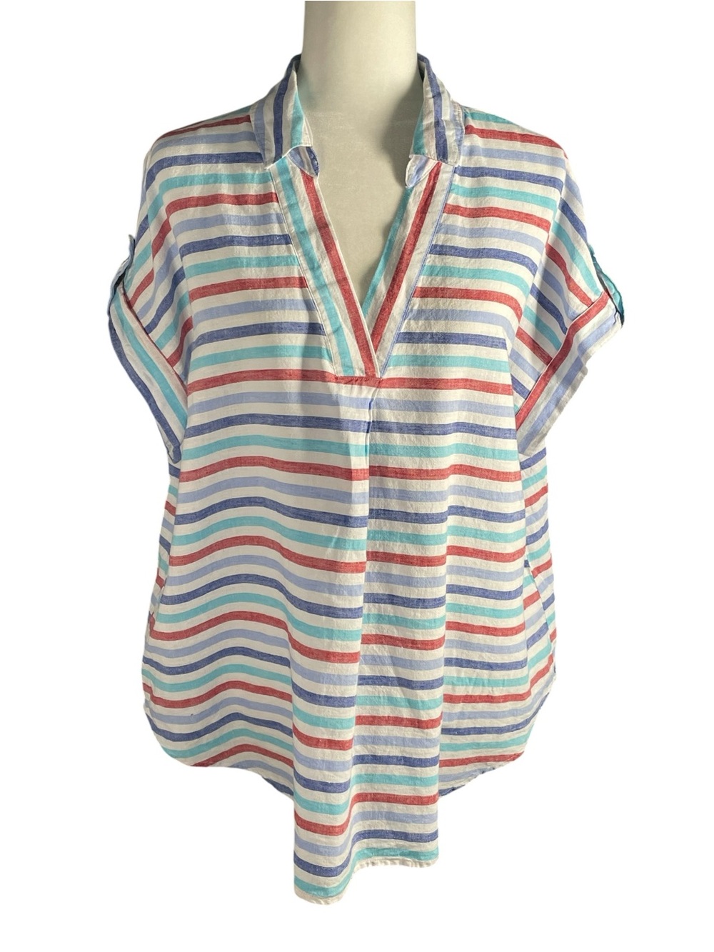 Liz Claiborne Linen Blend Striped V-Neck Top XL Lightweight Lagenlook Blouse